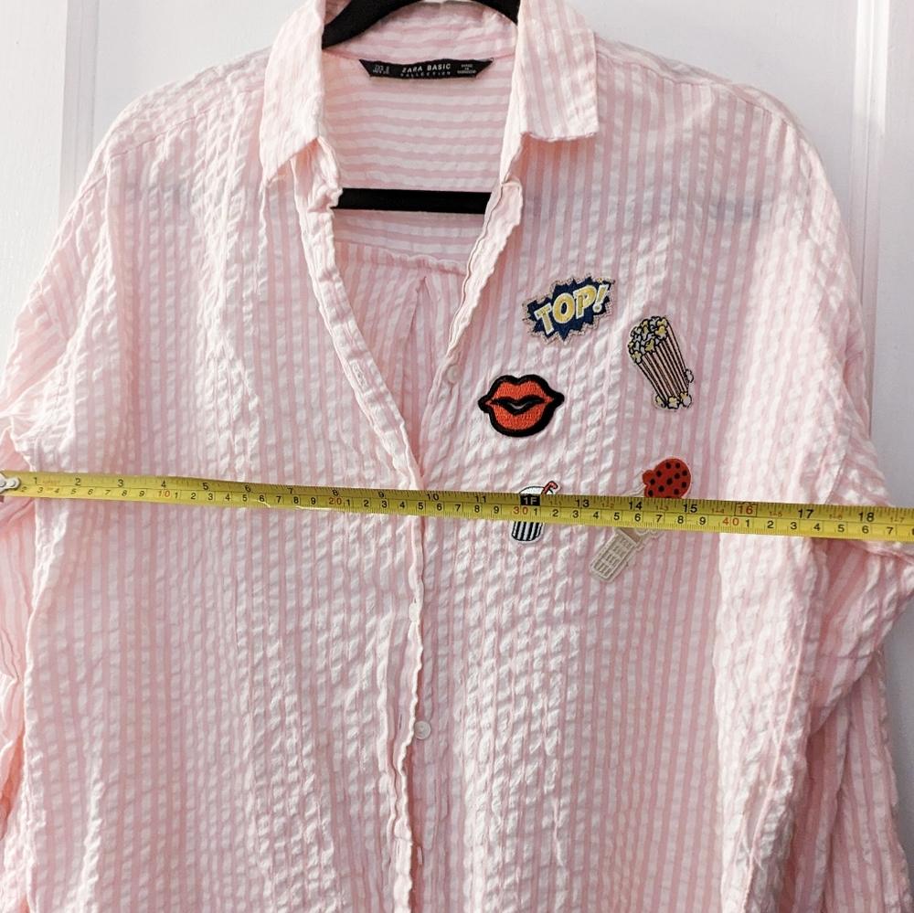 SOLD π« Zara Basic Poplin Popcorn Fun Patch Pink Striped Collared Shirt, Small - Picture 7 of 7